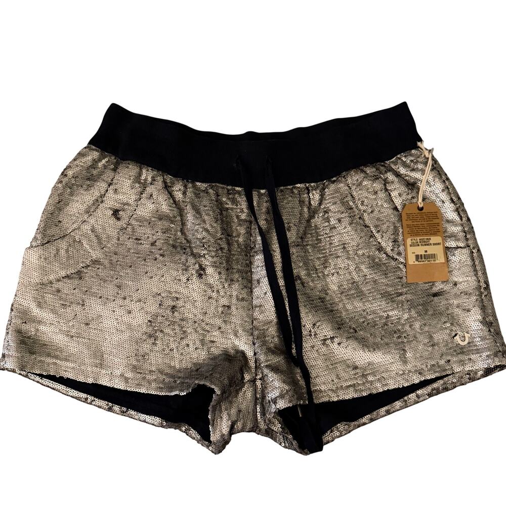 True Religion Silver/Black Sequin, Lined, Runner Shorts NWT- M